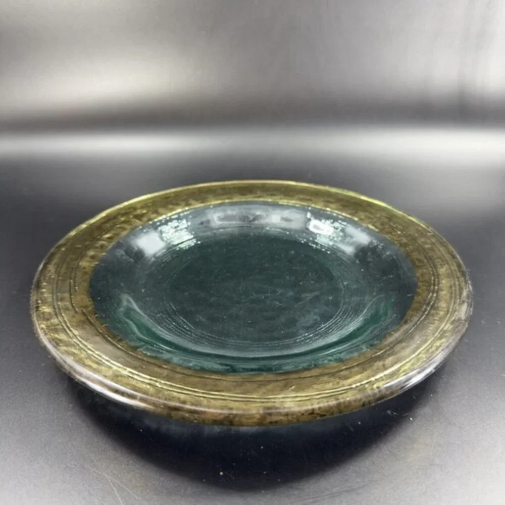 Vintage Italian Hand Made Fused Art Glass Plate Dish Transparent Green With Gold